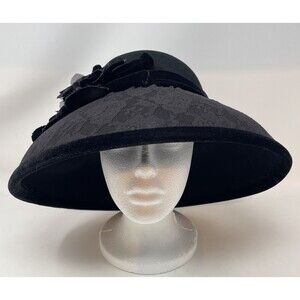 August Accessories Fine Millinery 100% Wool Black Hat, Brim Lace Velvet Flower